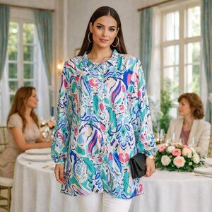 Kirundo Women's Long Puff Sleeve Colorful Abstract Paisley Tunic Top Blouse
